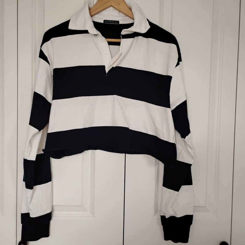Brandy Melville Women's Black White Stripes 100% Cotton Cropped Polo One Size